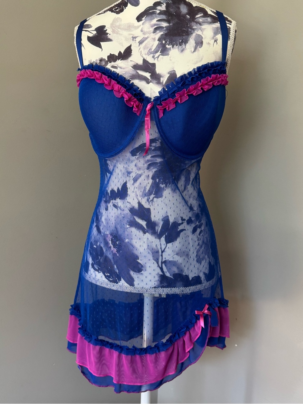Y2K Just Sexy Lingerie Sheer Blue Mesh Babydoll Chemise with Pink Ruffle Trim